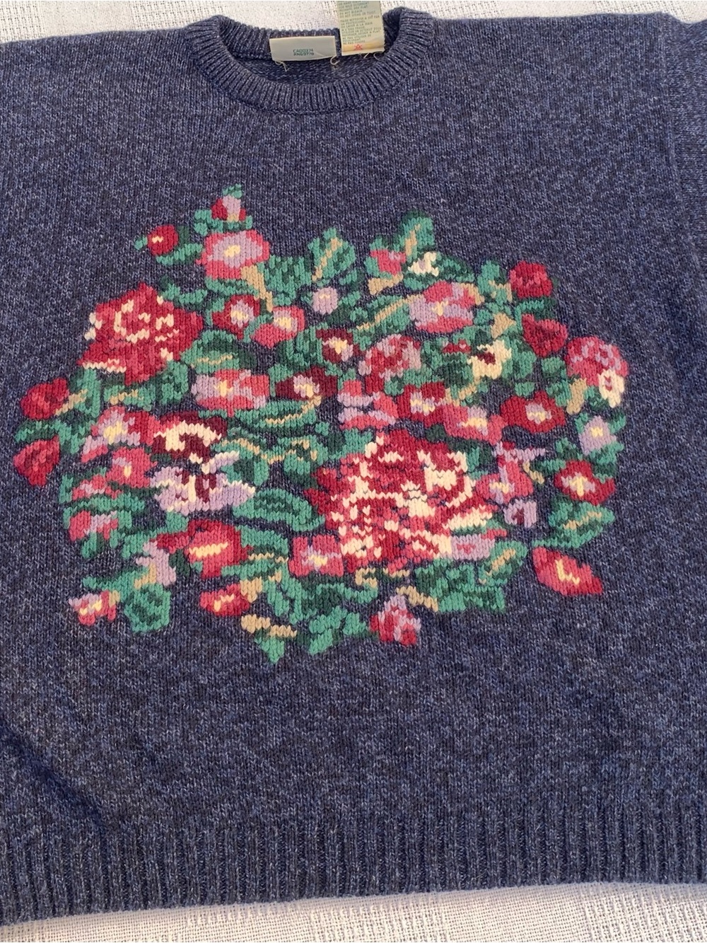 Vintage 90s Northern Reflections Floral Knit Sweater Wool Blend Blue Size Medium